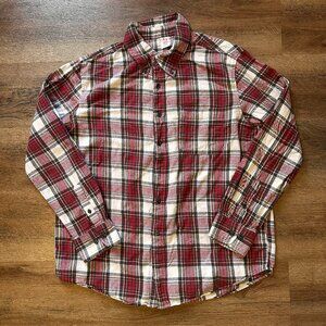Open Trails Vintage Casual Button Down Mens Large Red Plaid Rugged Flannel Shirt
